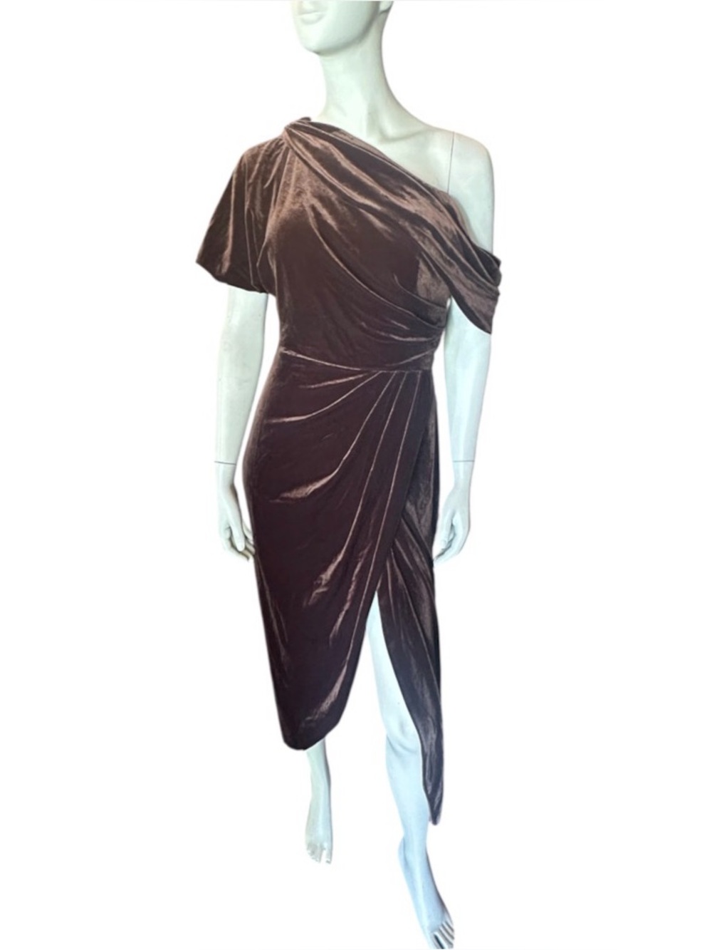 RoseGod Asymmetrical Velvet One Shoulder Midi Dress Brown Size 10 NWT